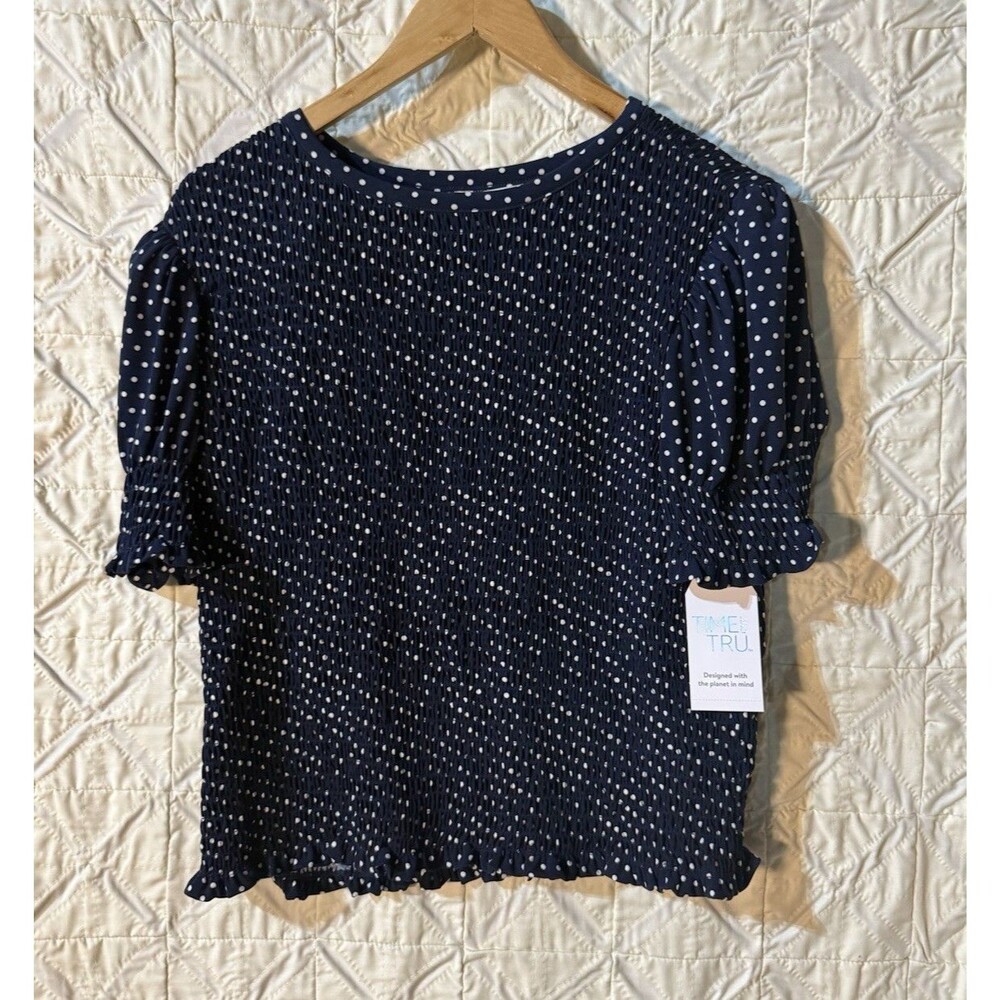 Time and Tru Women's Navy/White Polka Dot Smocked Ruffle Puff Sleeve Blouse L
